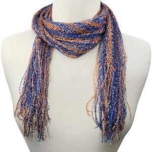 Orange Blue Metallic Lightweight Long Fringe Scarf